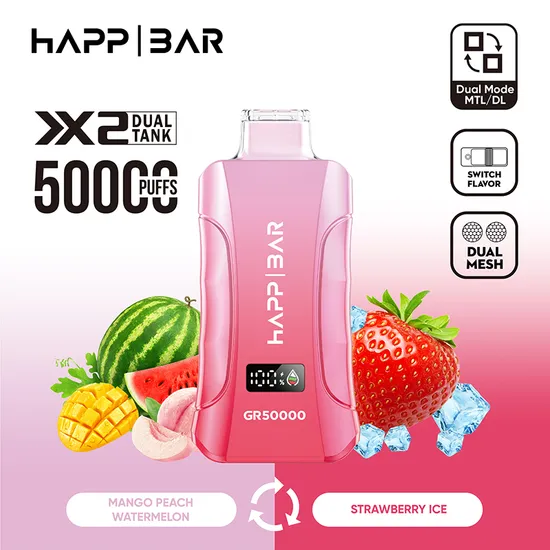 Вейп HAPP Bar GR50000 – 50 000 дръпки, Mango Peach Watermelon / Strawberry Ice + микс вкус, с дисплей и USB-C